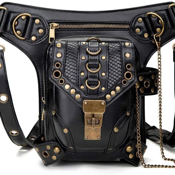 Unbranded Handbags - Gothic Steampunk Black Leather Style Festival Tactical Waist Leg Bag